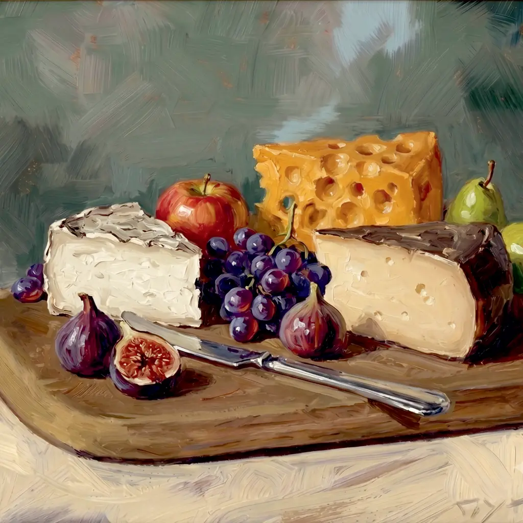 An oil-painted still life of cheeses from the Manici Dairy book